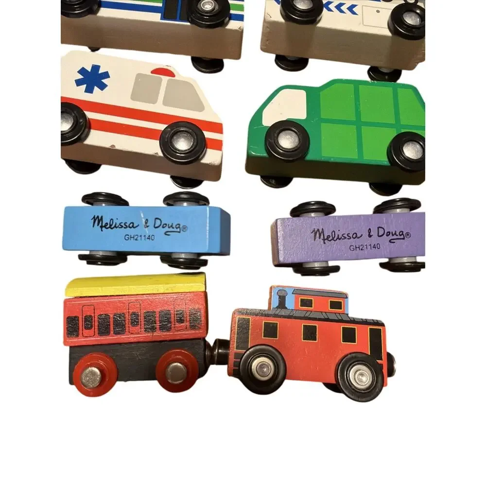 Melissa & Doug Lot of 8 Wooden Train and Emergency Vehicles Fits Brio IKEA Truck